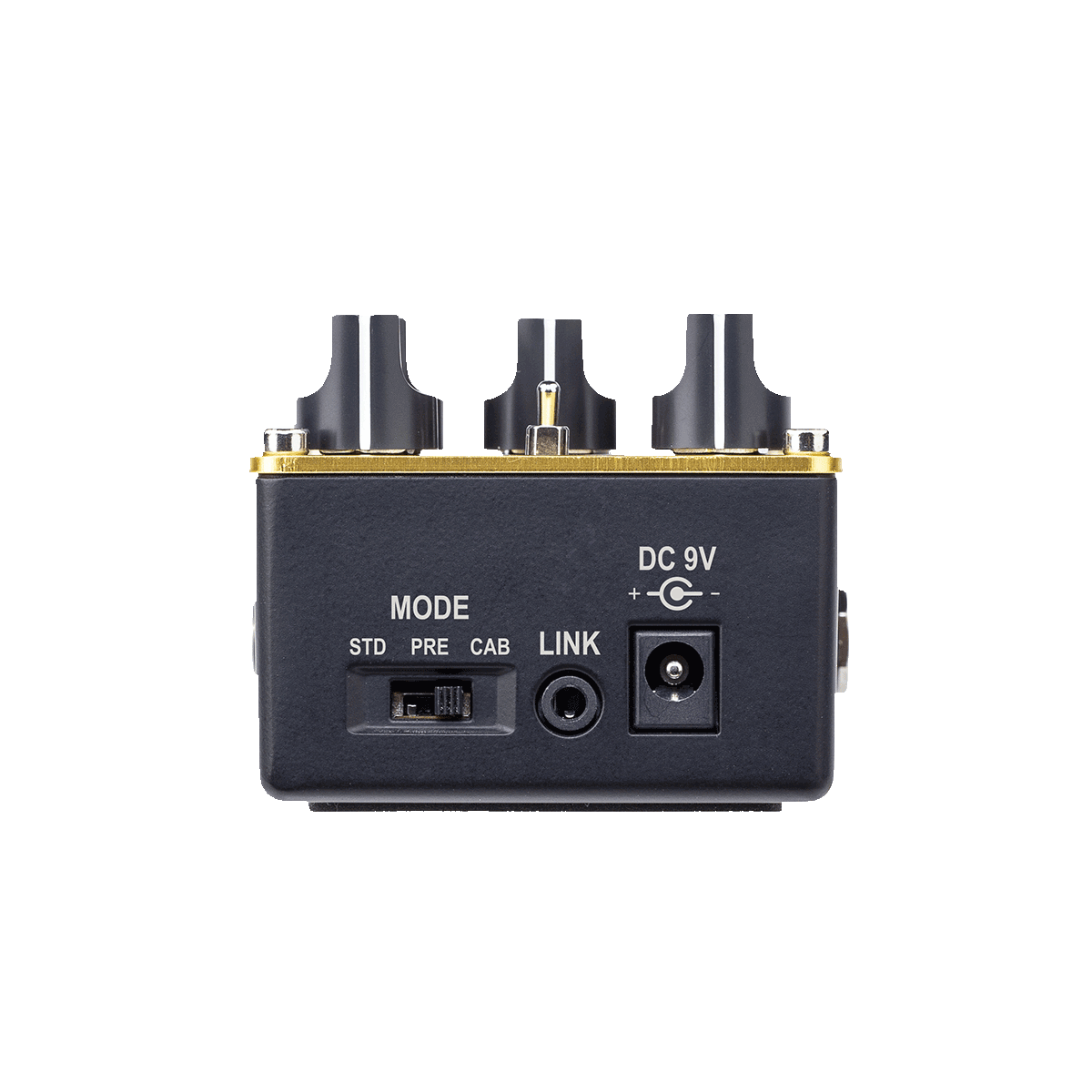 Copperhead Drive - Valve Distortion Pedal side view of mode preset, link and power supply inputs