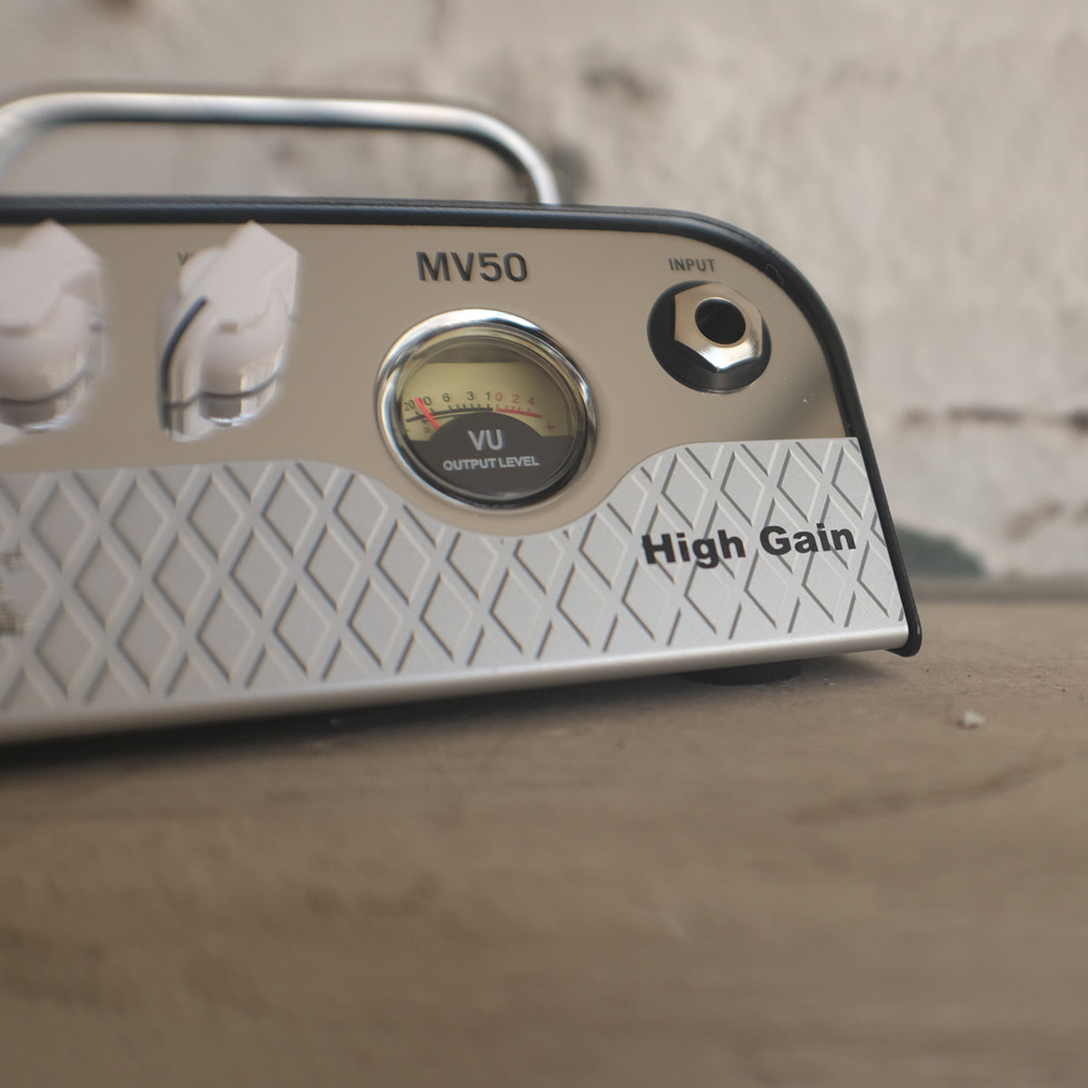 MV50 High Gain - 50 Watt Mini Head close up of VU meter and input jack